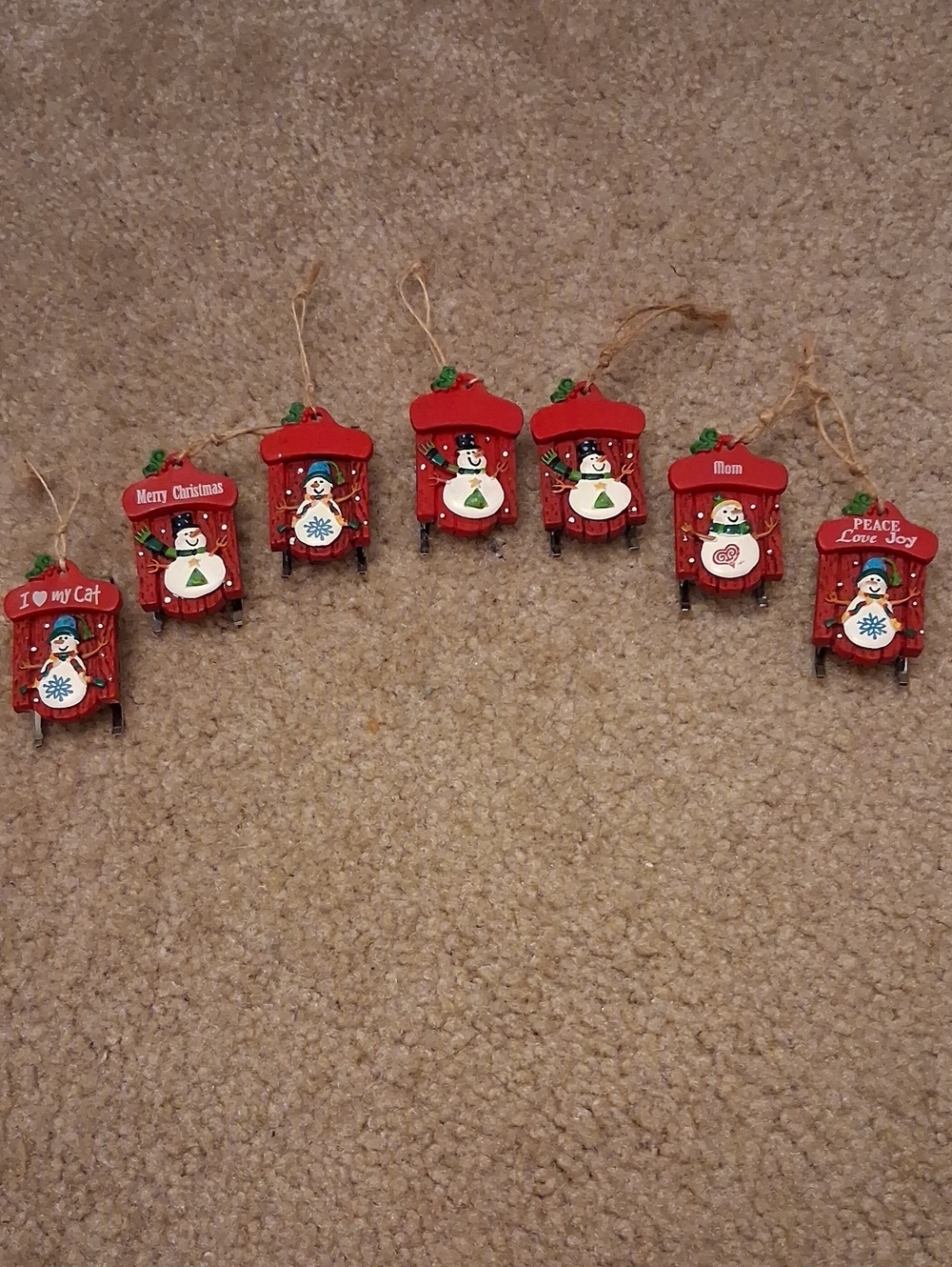 Red Snowman Sled Ornaments - Set of 8